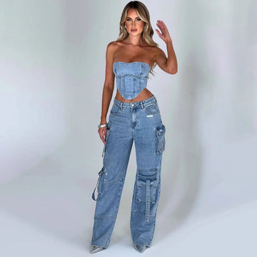 Women’s Low Waist Tube Top & Wide Leg Pocket-Stitch Denim Suit Set Jeans Pants Chic Tread