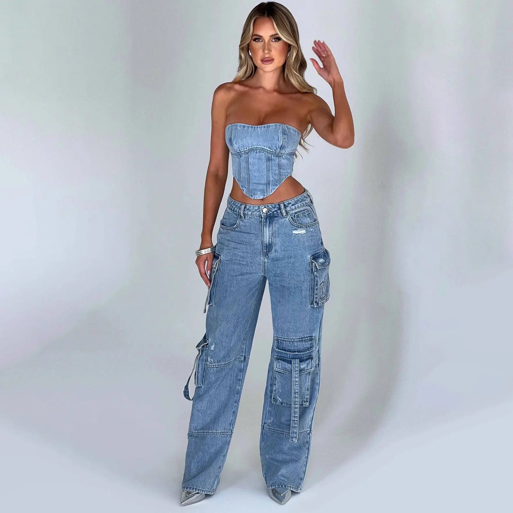 Women’s Low Waist Tube Top & Wide Leg Pocket-Stitch Denim Suit Set Jeans Pants Chic Tread