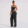 Women’s Low Waist Tube Top & Wide Leg Pocket-Stitch Denim Suit Set Jeans Pants Chic Tread