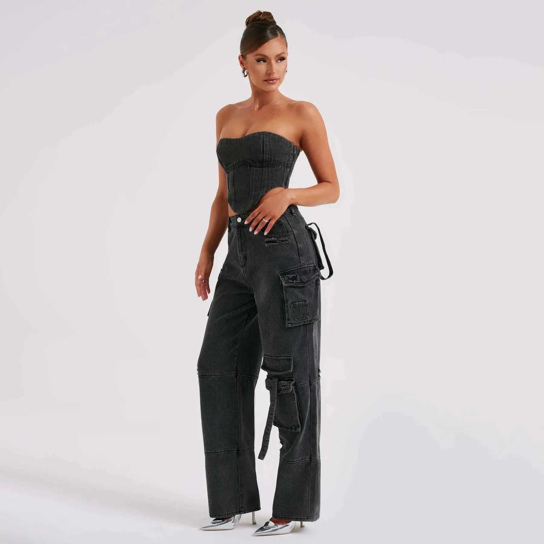 Women’s Low Waist Tube Top & Wide Leg Pocket-Stitch Denim Suit Set Jeans Pants Chic Tread