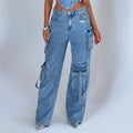 Women’s Low Waist Tube Top & Wide Leg Pocket-Stitch Denim Suit Set Jeans Pants Chic Tread