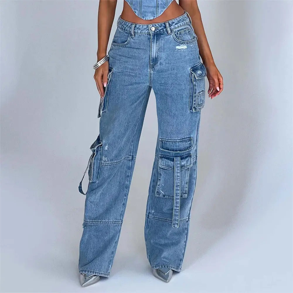 Women’s Low Waist Tube Top & Wide Leg Pocket-Stitch Denim Suit Set Jeans Pants Chic Tread