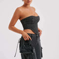 Women’s Low Waist Tube Top & Wide Leg Pocket-Stitch Denim Suit Set Jeans Pants Chic Tread