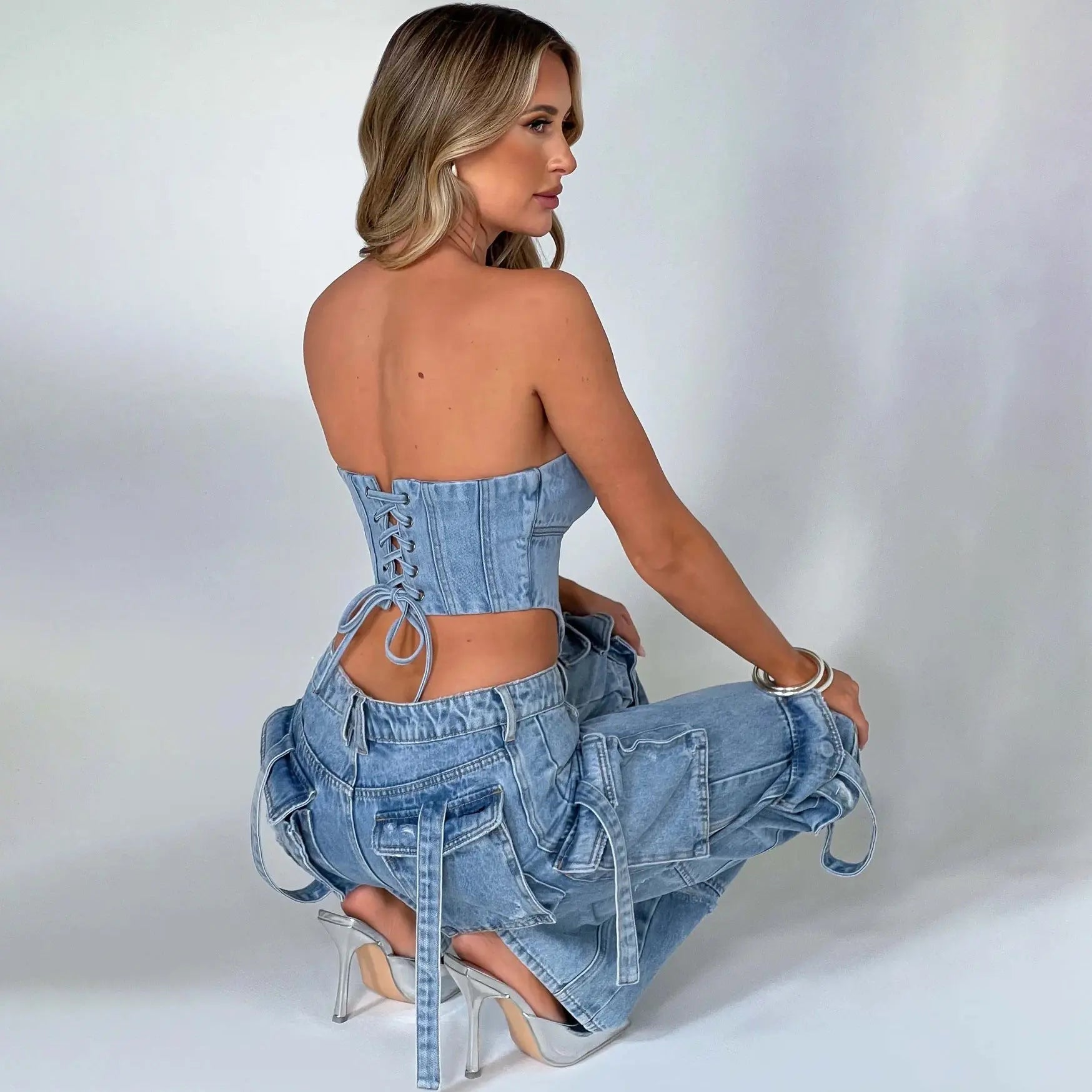 Women’s Low Waist Tube Top & Wide Leg Pocket-Stitch Denim Suit Set Jeans Pants Chic Tread
