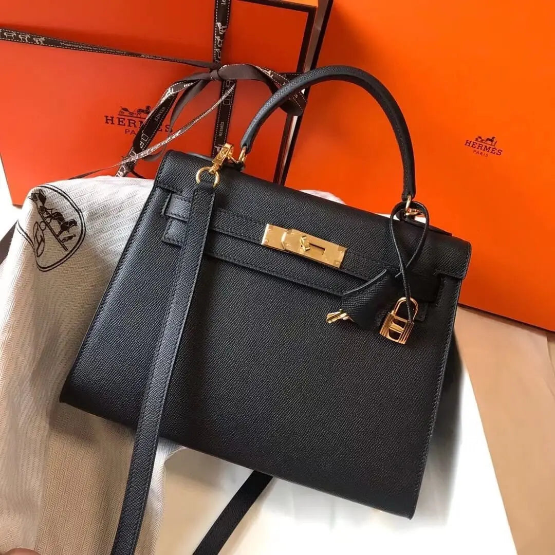Hermes Kelly 30 Togo Leather Black Gold Hardware - With Strap & Dust Bag - NEW