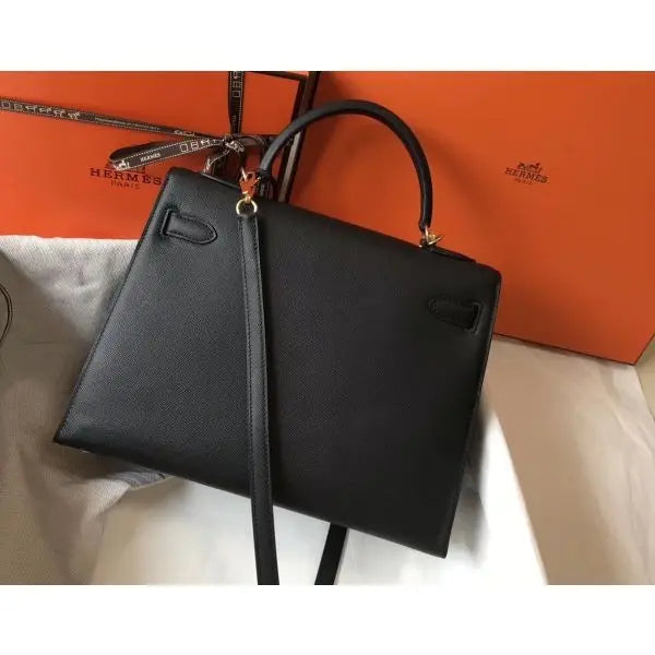 Hermes Kelly 30 Togo Leather Black Gold Hardware - With Strap & Dust Bag - NEW
