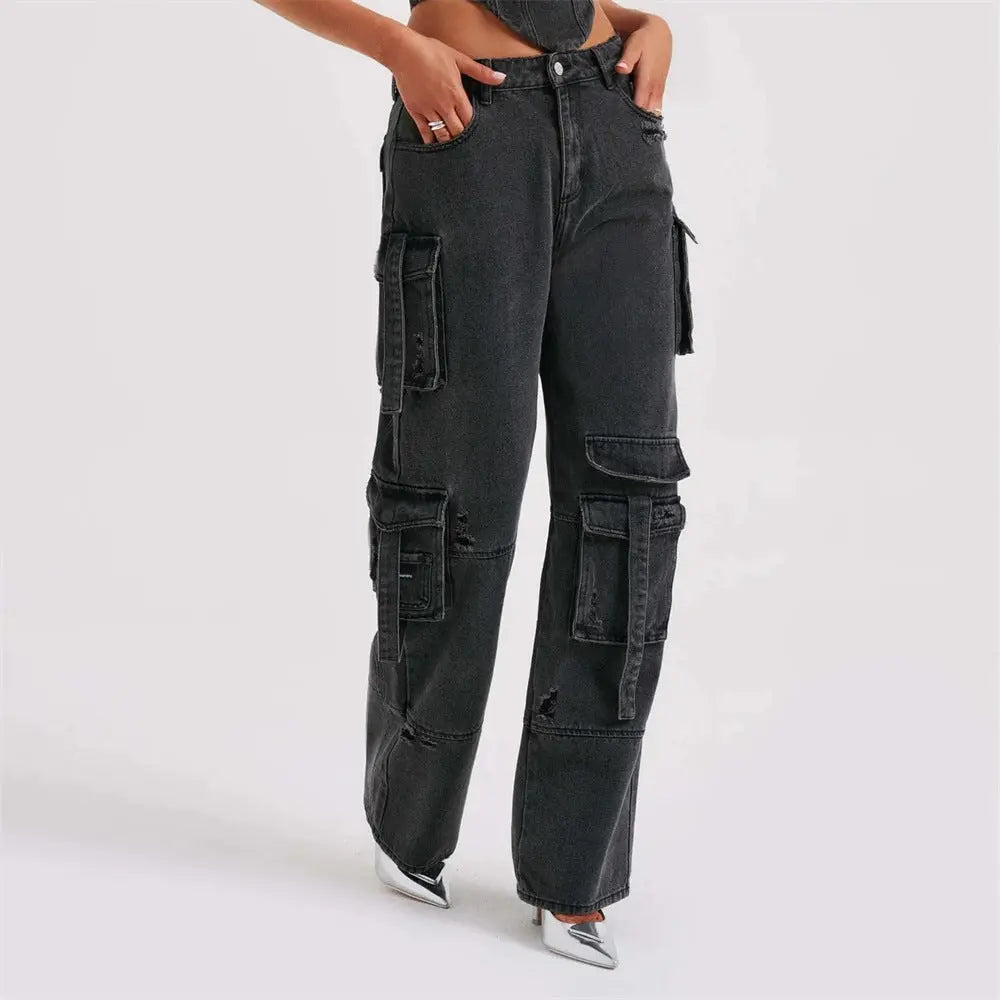 Women’s Low Waist Tube Top & Wide Leg Pocket-Stitch Denim Suit Set Jeans Pants Chic Tread
