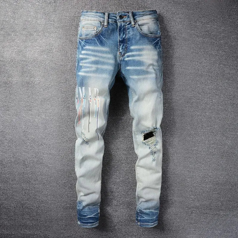 Amiri Men’s Jeans Black & Blue With Artistic Designs Metroutfitstore