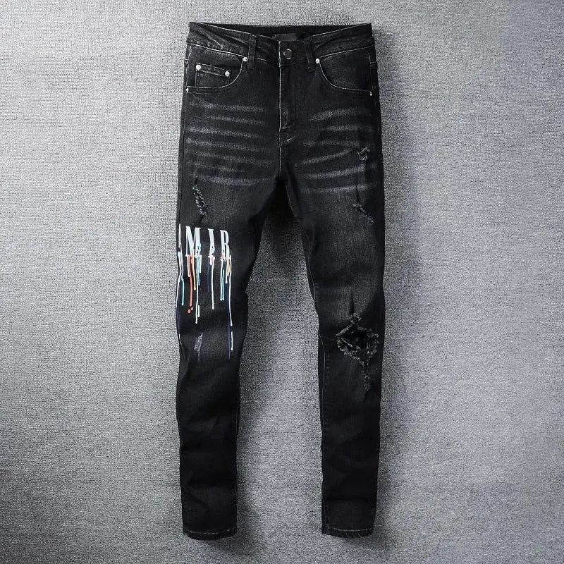 Amiri Men’s Jeans Black & Blue With Artistic Designs Metroutfitstore