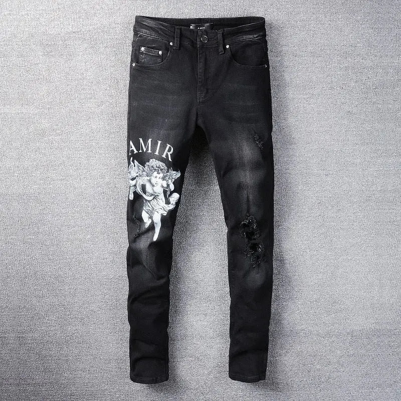 Amiri Black Letter Angel Print Jeans For Men Metroutfitstore