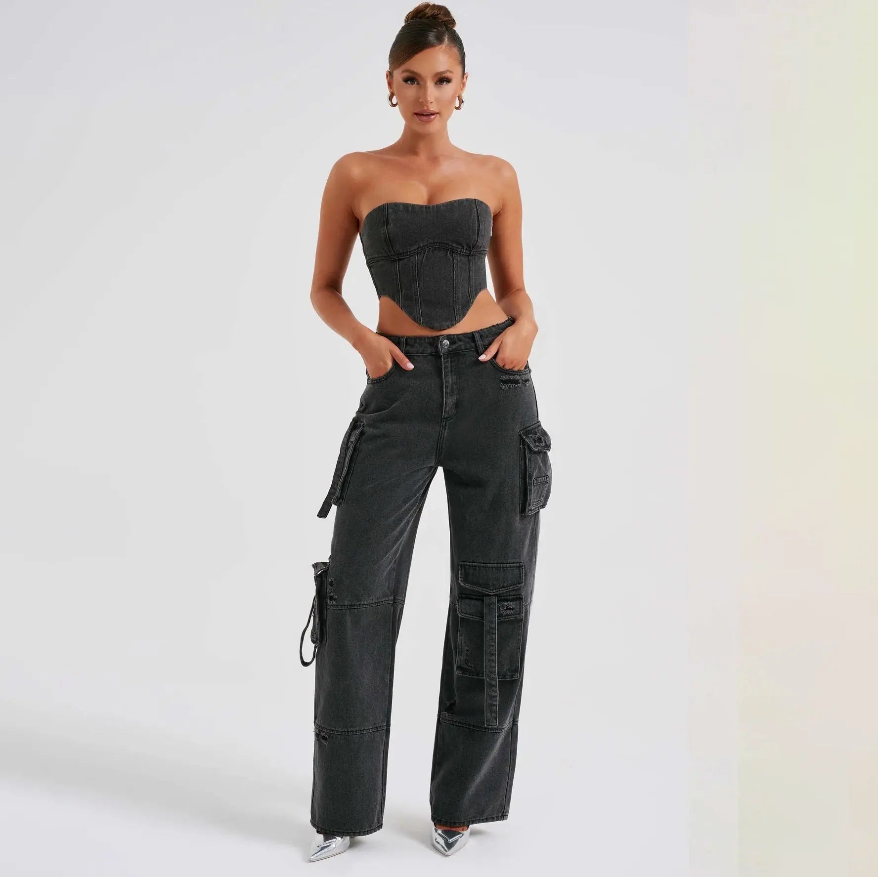 Women’s Low Waist Tube Top & Wide Leg Pocket-Stitch Denim Suit Set Jeans Pants Chic Tread