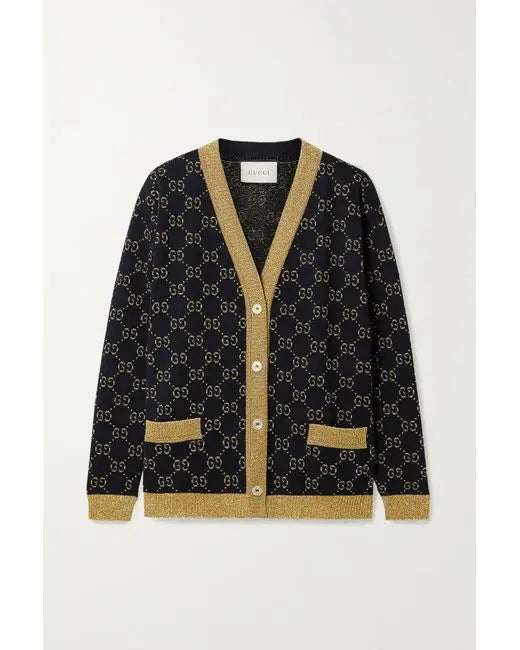 Gucci Women’s Blue Cotton GG Cardigan with Gold Lurex Trim Metroutfitstore