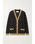 Gucci Women’s Blue Cotton GG Cardigan with Gold Lurex Trim Metroutfitstore