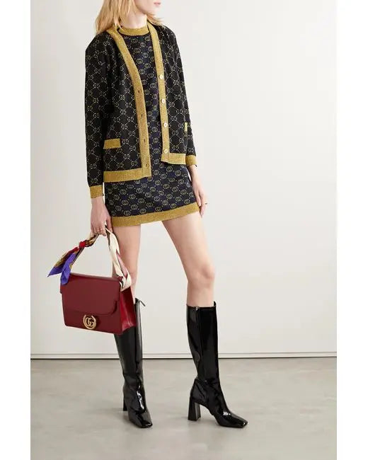 Gucci Women’s Blue Cotton GG Cardigan with Gold Lurex Trim Metroutfitstore
