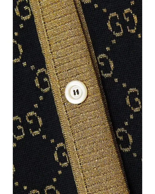 Gucci Women’s Blue Cotton GG Cardigan with Gold Lurex Trim Metroutfitstore