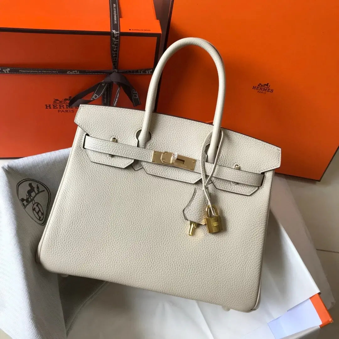 Luxury White Leather Birkin Bag with Gold Hardware – Timeless Elegance Chic Tread