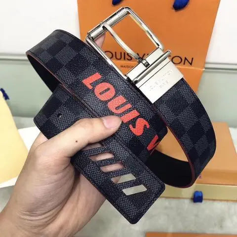 Louis Vuitton Leather Belt Damier Cobalt Race Print Reversible Metroutfits