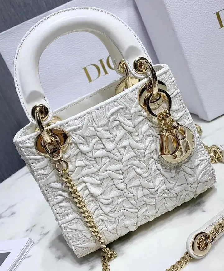 Christian Dior Mini Chalk Lady Dior Wavy Shiny Crinkled Agneau Bag New Metroutfits