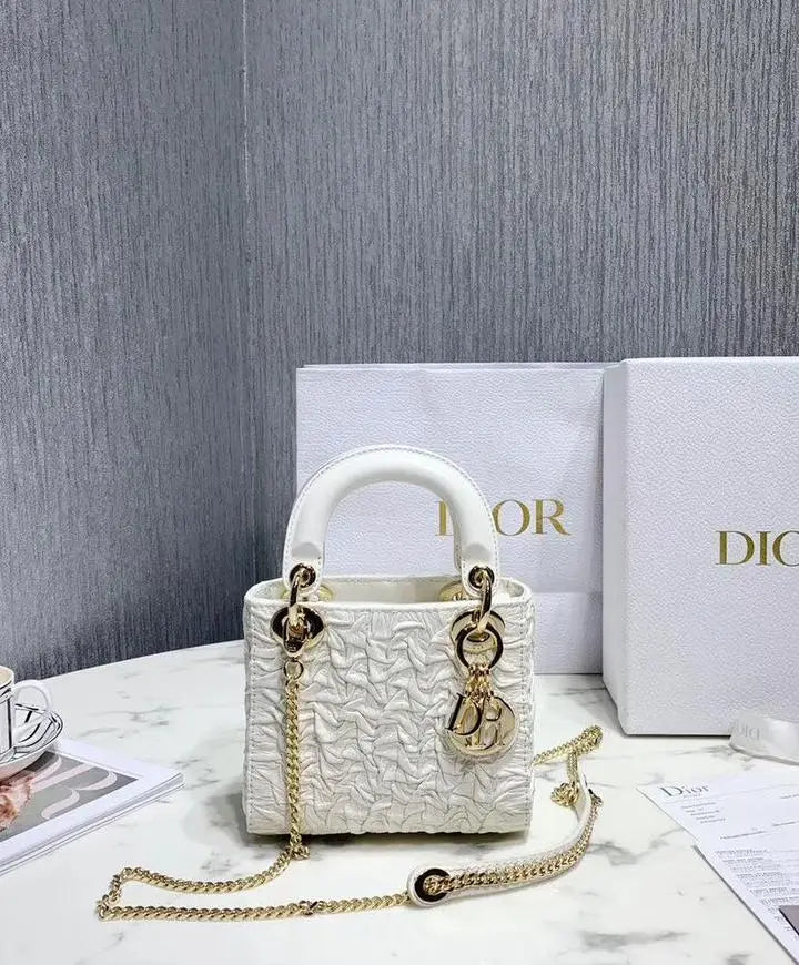 Christian Dior Mini Chalk Lady Dior Wavy Shiny Crinkled Agneau Bag New Metroutfits
