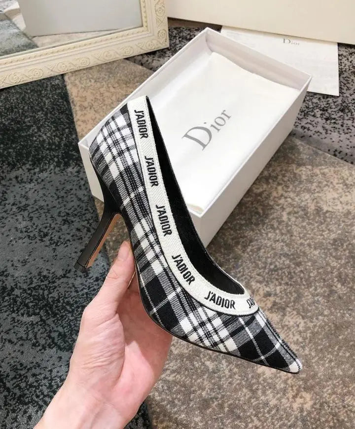 Christian Dior Women's Black White J’adior Tartan Pumps Heel Metroutfits