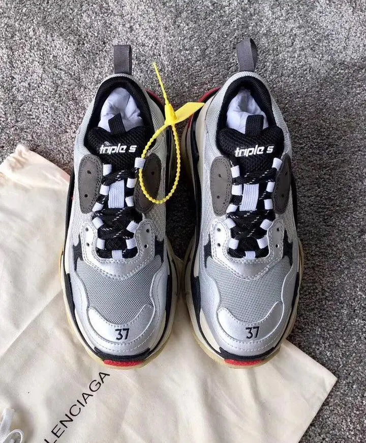 Balenciaga Triple S Silver Red Black Sneakers – New with Tag and Box Metroutfits