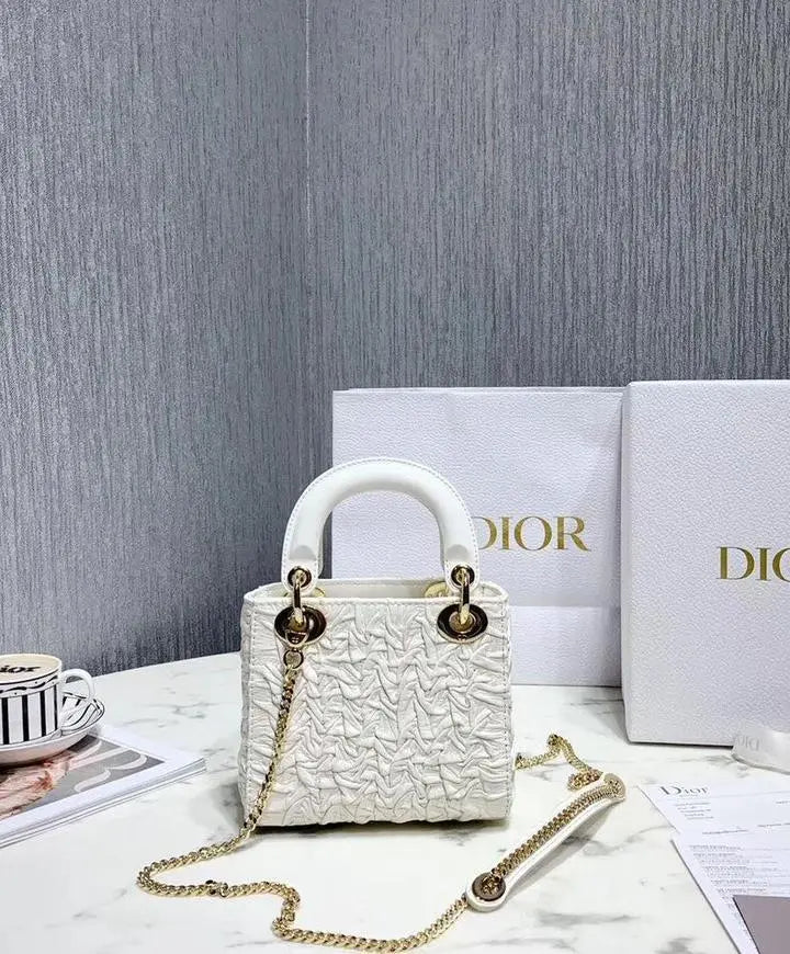 Christian Dior Mini Chalk Lady Dior Wavy Shiny Crinkled Agneau Bag New Metroutfits