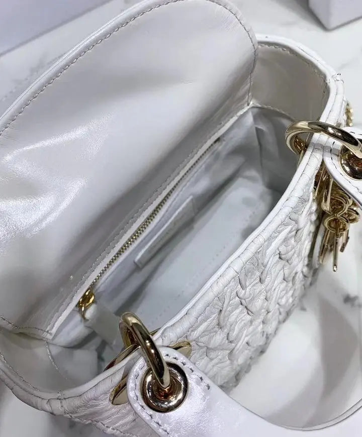 Christian Dior Mini Chalk Lady Dior Wavy Shiny Crinkled Agneau Bag New Metroutfits