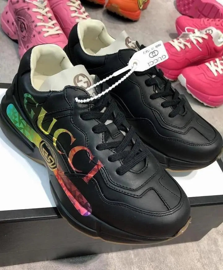 Gucci Rhyton Black Leather Sneakers with Logo Metroutfits