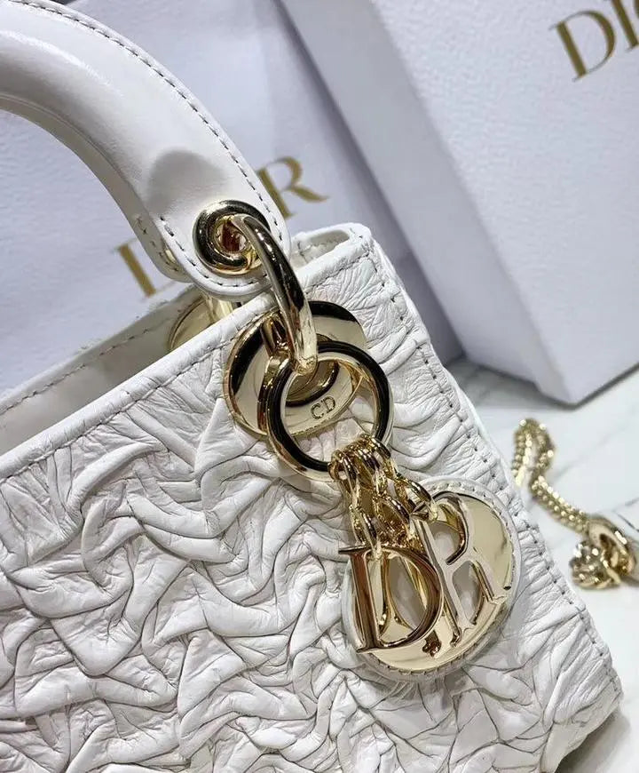 Christian Dior Mini Chalk Lady Dior Wavy Shiny Crinkled Agneau Bag New Metroutfits