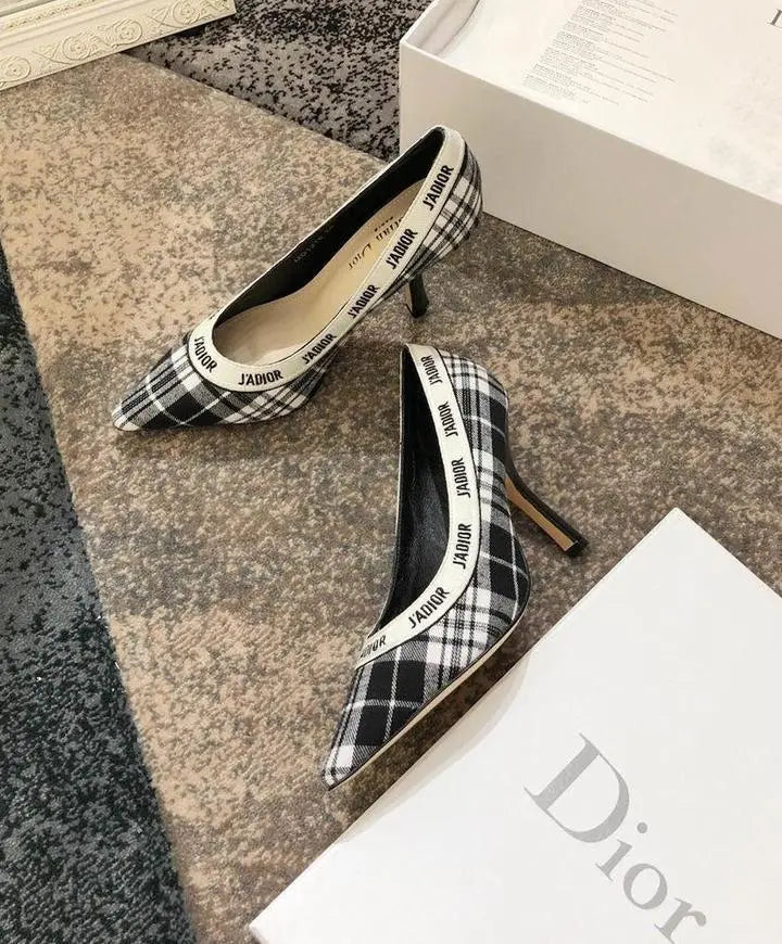 Christian Dior Women's Black White J’adior Tartan Pumps Heel Metroutfits