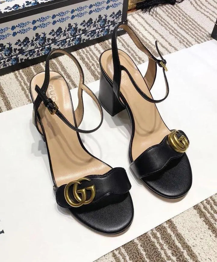 Gucci Women's Black Leather High Heel Sandals Metroutfits