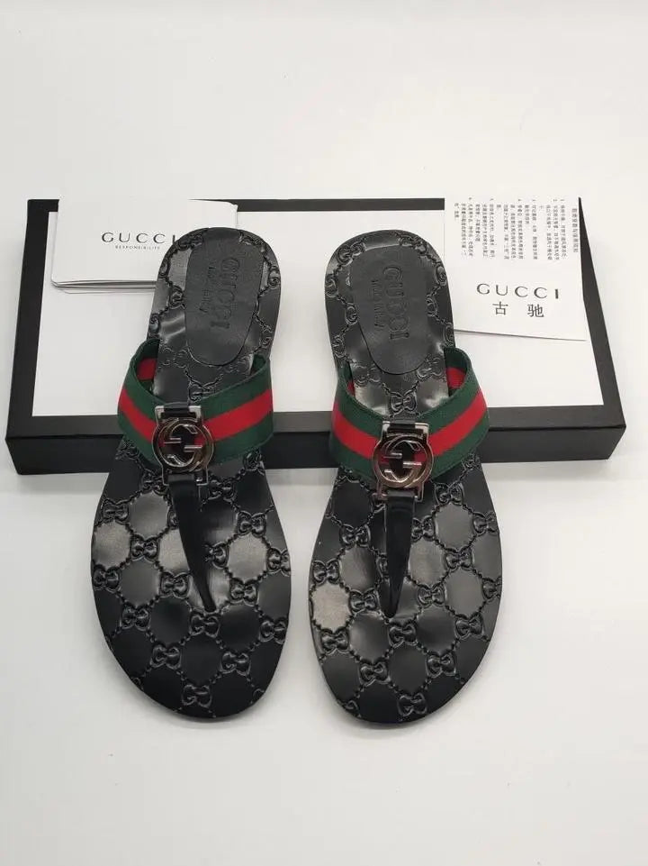Gucci Men’s Black GG Web Thong Leather Sandals Metroutfits