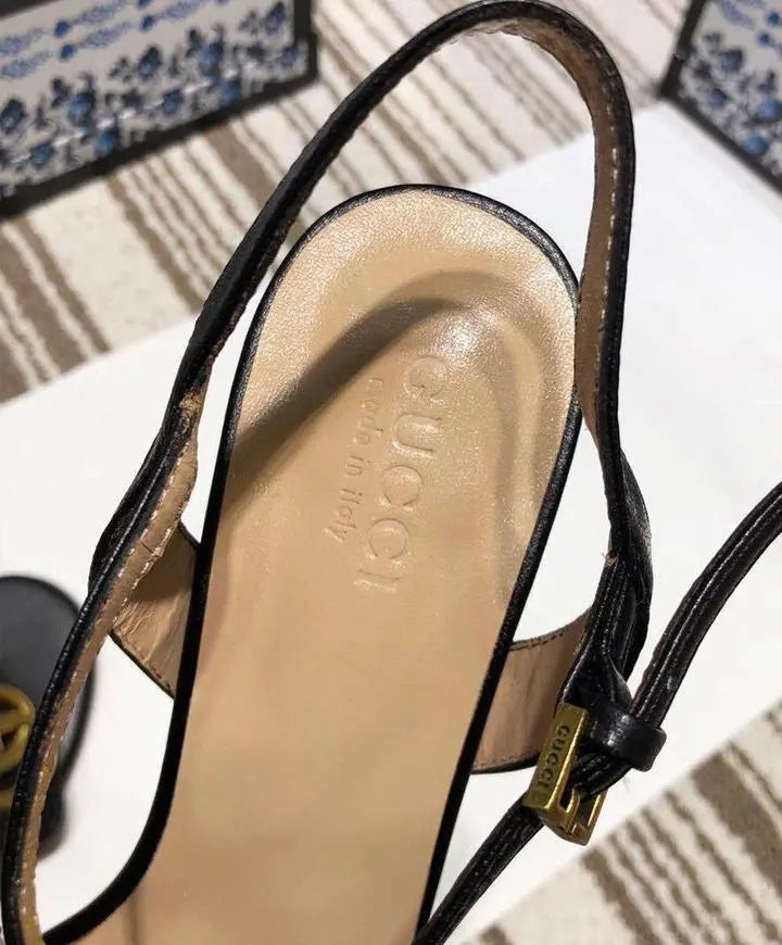Gucci Women's Black Leather High Heel Sandals Metroutfits