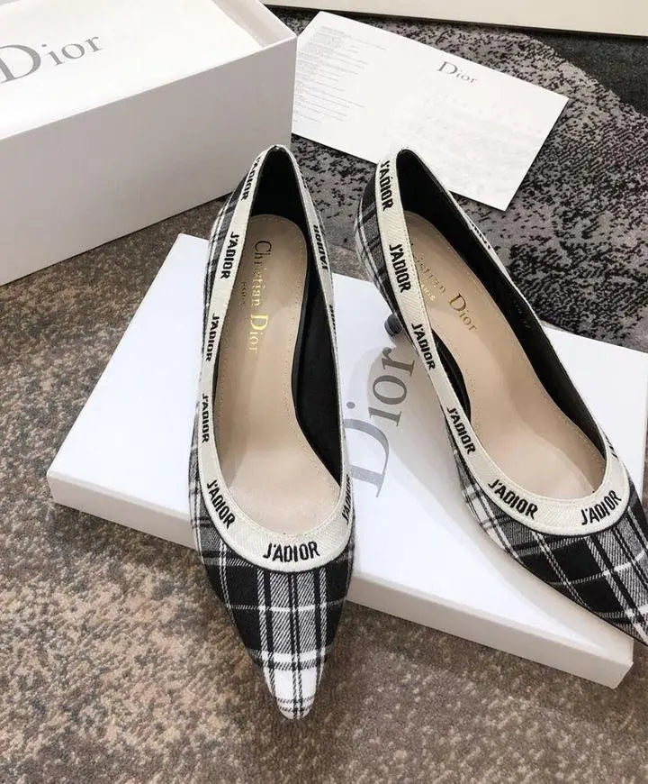 Christian Dior Women's Black White J’adior Tartan Pumps Heel Metroutfits