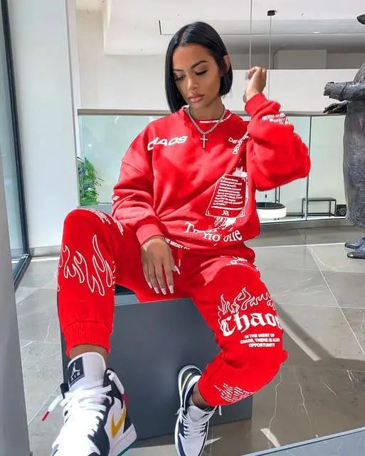 Autumn Letter Print Women's Tracksuit: Matching Set - CHIC TREAD