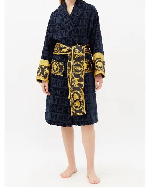 Versace Cotton Bathrobe With Baroque Medusa Trim Metroutfitstore